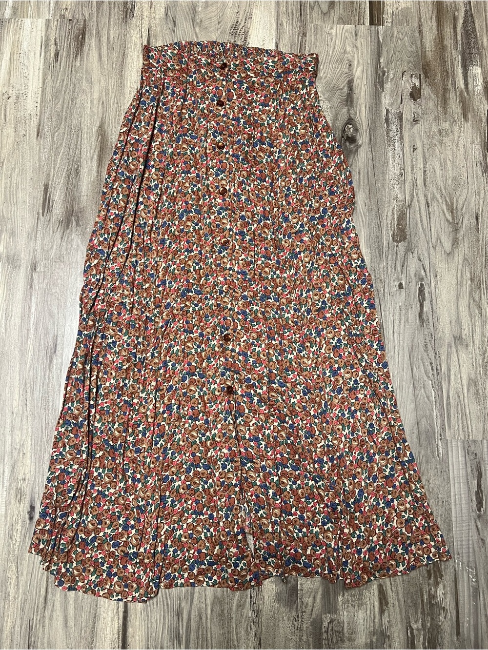 Vintage Putumayo 90s Ditsy Floral Rayon Button Front Midi Skirt Elastic Back L